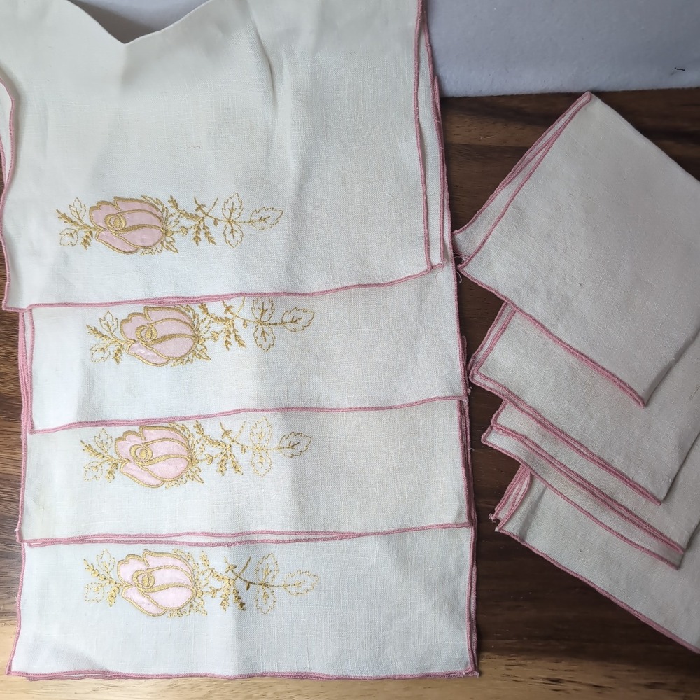 Vintage Linen Cocktail Napkin Coaster Set 8pc Pink Rose Applique Gold Embroidery